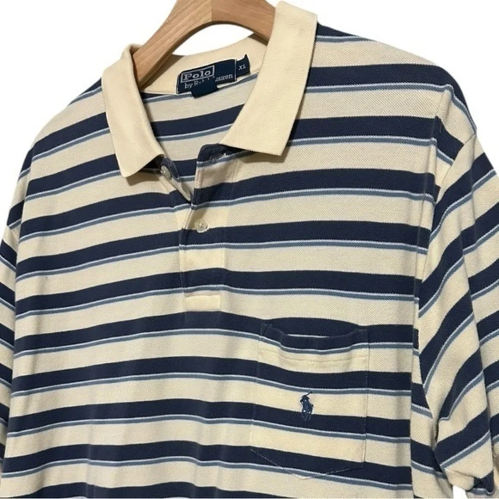 Polo Ralph Lauren Vintage Mens Size XL Cream Navy Blue Striped Cotton Polo Shirt
